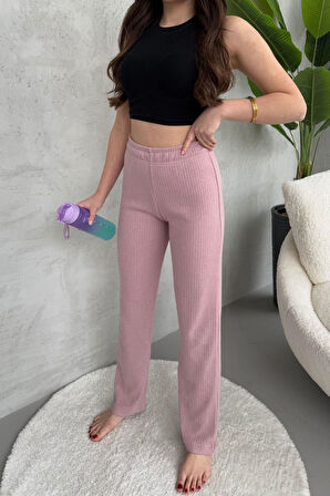 Kadın Gül Kurusu Yüksek Bel Fitilli Bol Paça Günlük İnce Eşofman Altı