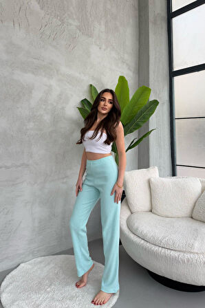 Kadın Su Yeşili Yüksek Bel Fitilli Bol Paça Günlük İnce Eşofman Altı