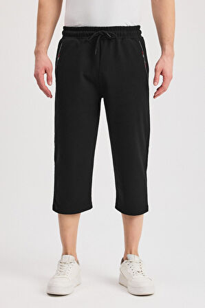 Erkek Yanları Cepli Siyah Bermuda Diz Altı Kapri Beli Ayarlanabilir Lastikli Uzun Şort