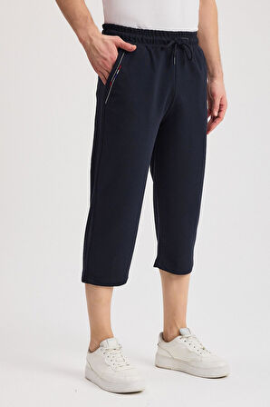 Erkek Yanları Cepli Lacivert Bermuda Diz Altı Kapri Beli Ayarlanabilir Lastikli Uzun Şort