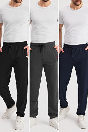 Siyah-Lacivert-Antrasit Erkek Fermuarlı Cepli Nakış Detaylı Düz Paça Rahat Kesim Günlük 3'lü Eşofman Altı