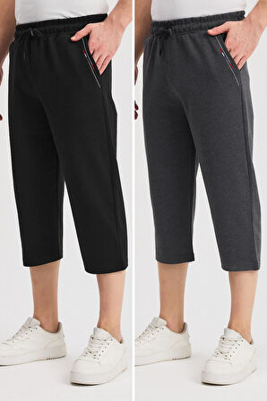 Erkek Yanları Cepli Siyah-Antrasit Bermuda Diz Altı Kapri Beli Ayarlanabilir Lastikli 2'li Uzun Şort