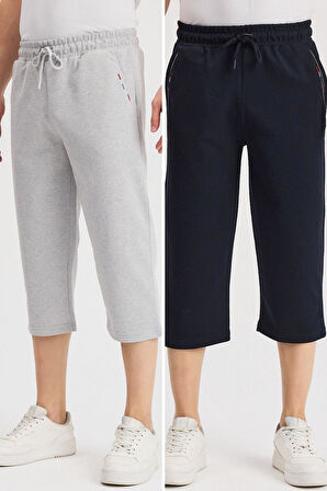 Erkek Yanları Cepli Siyah-Antrasit Bermuda Diz Altı Kapri Beli Ayarlanabilir Lastikli 2'li Uzun Şort