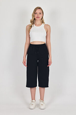 Yüksek Bel Cepli Rahat Kesim Mevsimlik Kadın Diz Altı Bermuda Siyah Kapri Şort