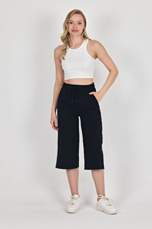 Yüksek Bel Cepli Rahat Kesim Mevsimlik Kadın Diz Altı Bermuda Siyah Kapri Şort