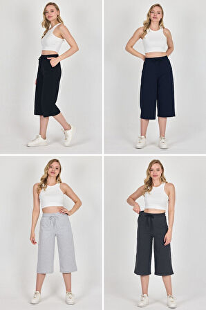 Yüksek Bel Cepli Rahat Kesim Mevsimlik Kadın Diz Altı 4'lü Bermuda Siyah-Lacivert-Gri-Antrasit Kapri Şort MTLCB111-4