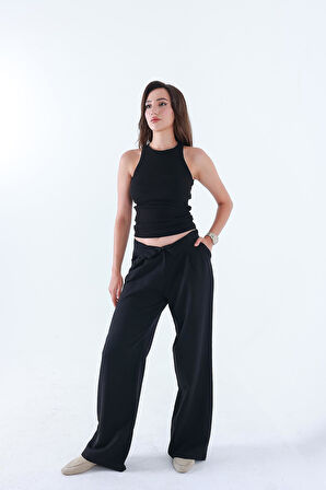 Fitilli Regular Fit Normal Kalıp Siyah Bisiklet Yaka Sıfır Kol Pamuklu Kadın Atlet