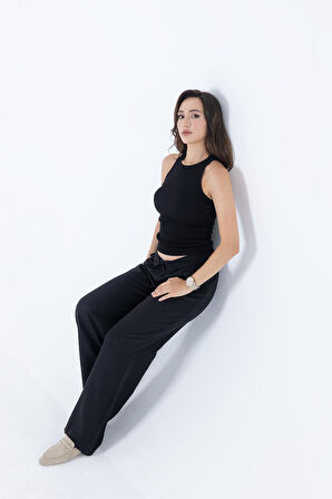 Fitilli Regular Fit Normal Kalıp Siyah Bisiklet Yaka Sıfır Kol Pamuklu Kadın Atlet