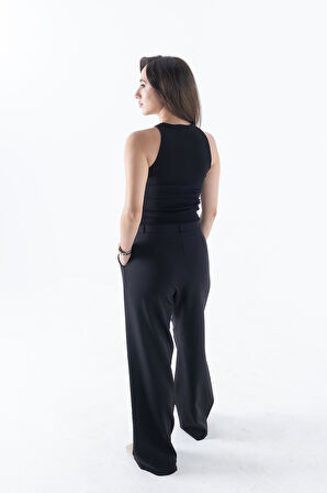 Fitilli Regular Fit Normal Kalıp Siyah Bisiklet Yaka Sıfır Kol Pamuklu Kadın Atlet