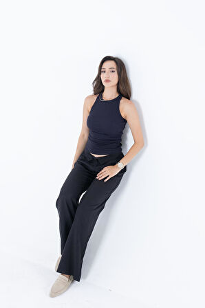 Fitilli Regular Fit Normal Kalıp Lacivert Bisiklet Yaka Sıfır Kol Pamuklu Kadın Atlet