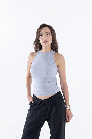 Fitilli Regular Fit Normal Kalıp Gri Bisiklet Yaka Sıfır Kol Pamuklu Kadın Atlet