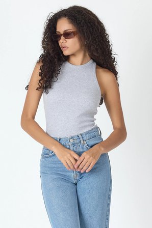 Fitilli Regular Fit Normal Kalıp Gri Bisiklet Yaka Sıfır Kol Pamuklu Kadın Atlet
