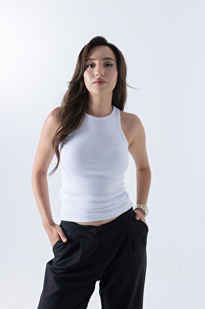 Fitilli Regular Fit Normal Kalıp Beyaz Bisiklet Yaka Sıfır Kol Pamuklu Kadın Atlet