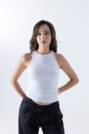 Fitilli Regular Fit Normal Kalıp Beyaz Bisiklet Yaka Sıfır Kol Pamuklu Kadın Atlet