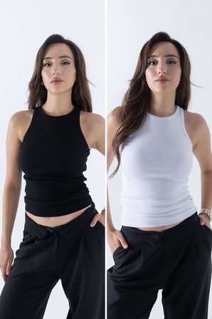 Fitilli Regular Fit Normal Kalıp Siyah-Beyaz Bisiklet Yaka Sıfır Kol Pamuklu 2'li Kadın Atlet 