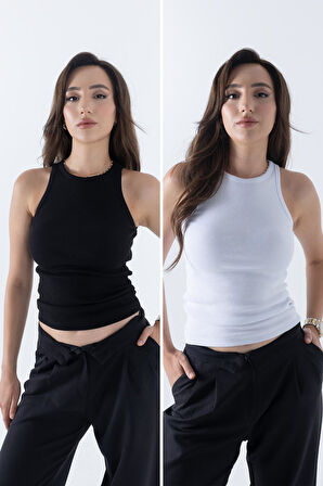 Fitilli Regular Fit Normal Kalıp Siyah-Beyaz Bisiklet Yaka Sıfır Kol Pamuklu 2'li Kadın Atlet 