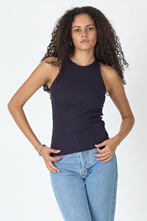 Fitilli Regular Fit Normal Kalıp Lacivert Bisiklet Yaka Sıfır Kol Pamuklu Kadın Atlet