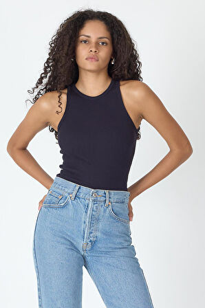 Fitilli Regular Fit Normal Kalıp Lacivert Bisiklet Yaka Sıfır Kol Pamuklu Kadın Atlet