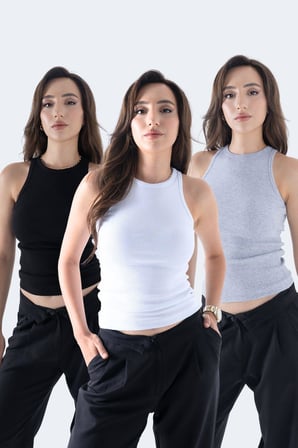 Fitilli Regular Fit Normal Kalıp Siyah-Gri-Beyaz Bisiklet Yaka Sıfır Kol Pamuklu 3'lü Kadın Atlet 