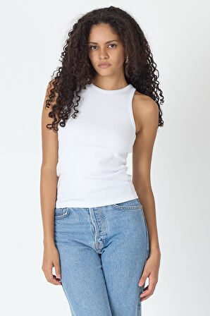 Fitilli Regular Fit Normal Kalıp Beyaz Bisiklet Yaka Sıfır Kol Pamuklu Kadın Atlet