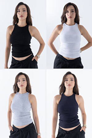 Fitilli Regular Fit Normal Kalıp Siyah-Beyaz-Gri-Lacivert Bisiklet Yaka Sıfır Kol Pamuklu 4'lü Kadın Atlet 