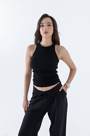 Fitilli Regular Fit Normal Kalıp Siyah-Beyaz-Gri-Lacivert Bisiklet Yaka Sıfır Kol Pamuklu 4'lü Kadın Atlet 