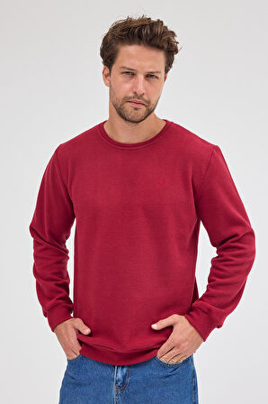 Erkek Bordo Standart Fit Normal Kesim Pamuklu Basic Bisiklet Yaka Sweatshirt