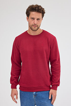 Erkek Bordo Standart Fit Normal Kesim Pamuklu Basic Bisiklet Yaka Sweatshirt