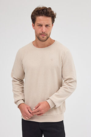 Erkek Bej Standart Fit Normal Kesim Pamuklu Basic Bisiklet Yaka Sweatshirt