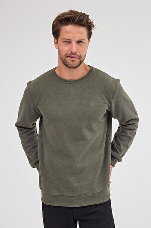 Erkek Haki Standart Fit Normal Kesim Pamuklu Basic Bisiklet Yaka Sweatshirt