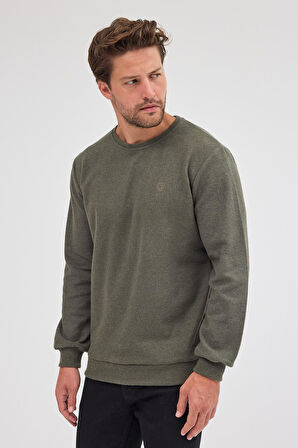 Erkek Haki Standart Fit Normal Kesim Pamuklu Basic Bisiklet Yaka Sweatshirt