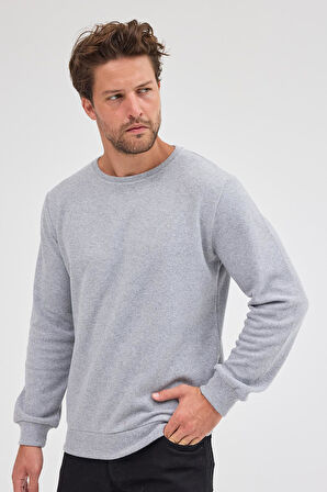 Erkek Gri Standart Fit Normal Kesim Pamuklu Basic Bisiklet Yaka Sweatshirt