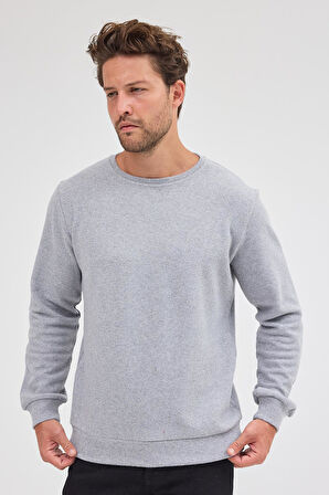 Erkek Gri Standart Fit Normal Kesim Pamuklu Basic Bisiklet Yaka Sweatshirt
