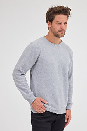 Erkek Gri Standart Fit Normal Kesim Pamuklu Basic Bisiklet Yaka Sweatshirt