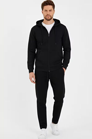 Siyah Kapüşonlu Regular Fit Hırka Düz Paça Erkek Eşofman Takımı
