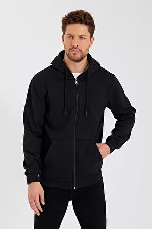 Siyah Kapüşonlu Regular Fit Hırka Düz Paça Erkek Eşofman Takımı