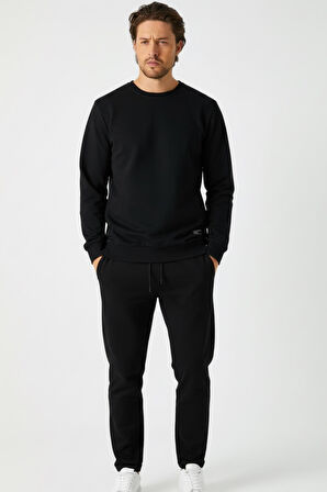 Siyah Relaxed Fit Bisiklet Yaka Sweatshirt Düz Paça Erkek Eşofman Takımı