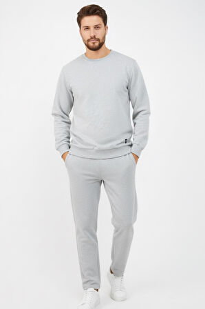 Gri Relaxed Fit Bisiklet Yaka Sweatshirt Düz Paça Erkek Eşofman Takımı