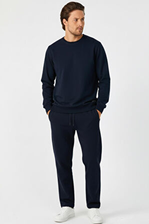 Lacivert Relaxed Fit Bisiklet Yaka Sweatshirt Düz Paça Erkek Eşofman Takımı