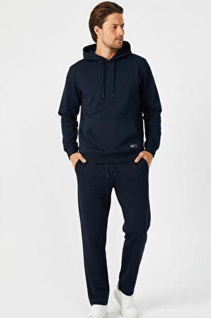 Lacivert Regular Fit Kapüşonlu Cepli Sweatshirt Düz Paça Erkek Eşofman Takımı