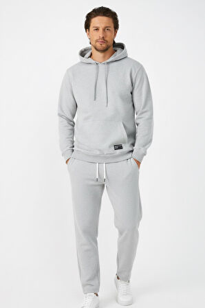 Gri Regular Fit Kapüşonlu Cepli Sweatshirt Düz Paça Erkek Eşofman Takımı