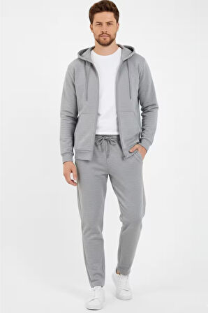 Gri Kapüşonlu Regular Fit Hırka Düz Paça Erkek Eşofman Takımı 3861