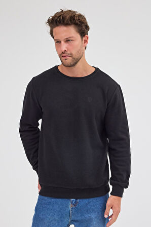 Erkek Siyah Standart Fit Normal Kesim Pamuklu Basic Bisiklet Yaka Sweatshirt