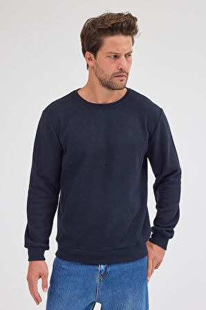 Erkek Lacivert Standart Fit Normal Kesim Pamuklu Basic Bisiklet Yaka Sweatshirt