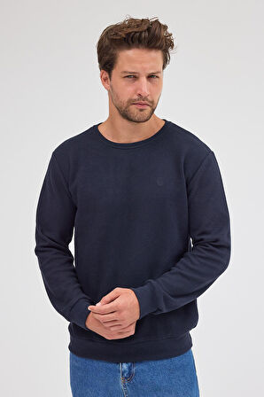 Erkek Lacivert Standart Fit Normal Kesim Pamuklu Basic Bisiklet Yaka Sweatshirt