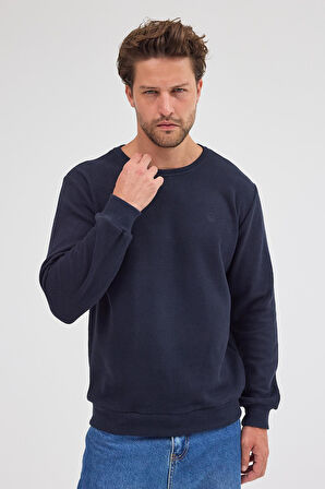 Erkek Lacivert Standart Fit Normal Kesim Pamuklu Basic Bisiklet Yaka Sweatshirt