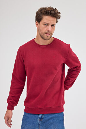 Erkek Bordo Standart Fit Normal Kesim Pamuklu Basic Bisiklet Yaka Sweatshirt