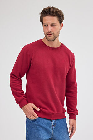Erkek Bordo Standart Fit Normal Kesim Pamuklu Basic Bisiklet Yaka Sweatshirt