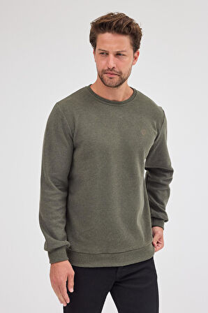Erkek Haki Standart Fit Normal Kesim Pamuklu Basic Bisiklet Yaka Sweatshirt