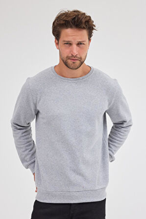 Erkek Gri Fit Normal Kesim Pamuklu Basic Bisiklet Yaka Sweatshirt